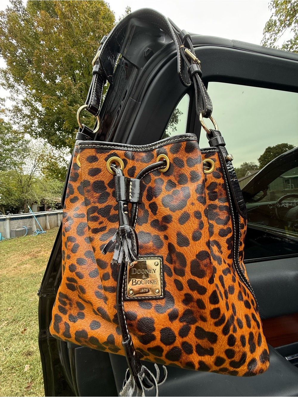 Dooney & Bourke Leopard Print Drawstring Bucket Shoulder Bag Animal Print